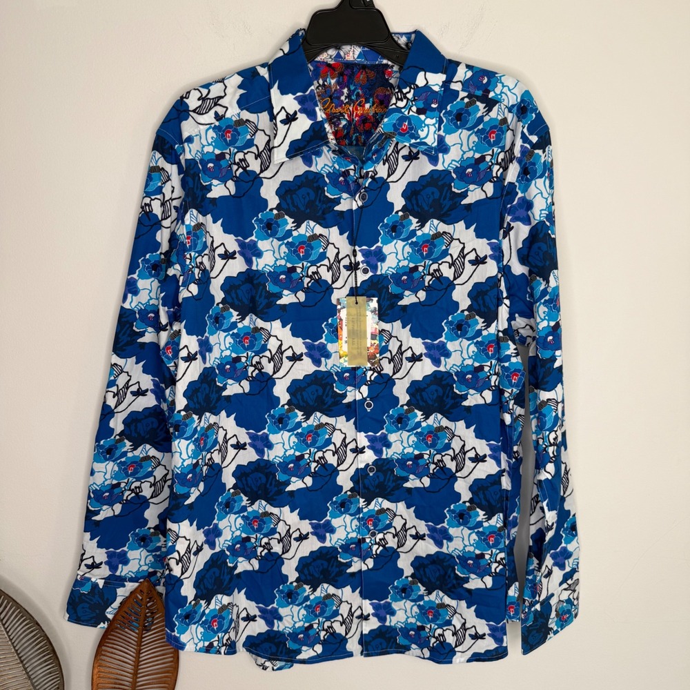 Robert Graham Knoboak Floral Poppy Button Down Shirt Blue White XL RSS181024CF